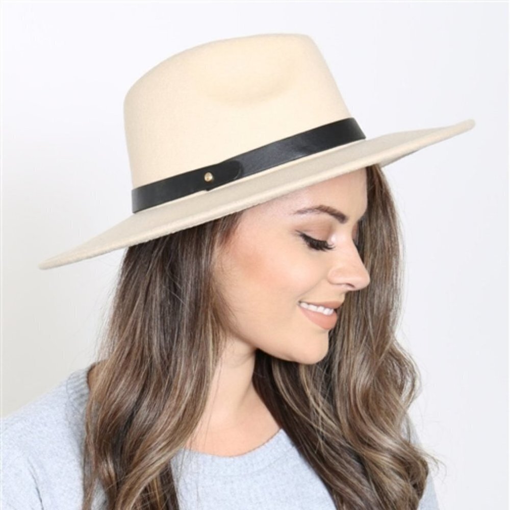BRIM FASHION HAT W/ faux LEATHER STRAP ACCENT